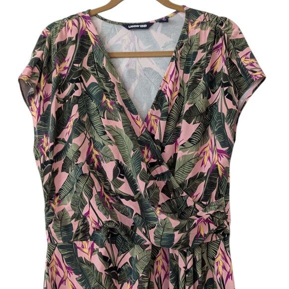 Land's End XL Sz 18 Maxi Dress V Neck Palm Leaves Pink Green Tropical Crossover - Picture 2 of 9